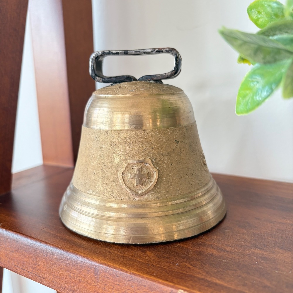 Vintage Swiss Brass Cow Bell with Embossed Cross and Star Rustic Alpine Decor
